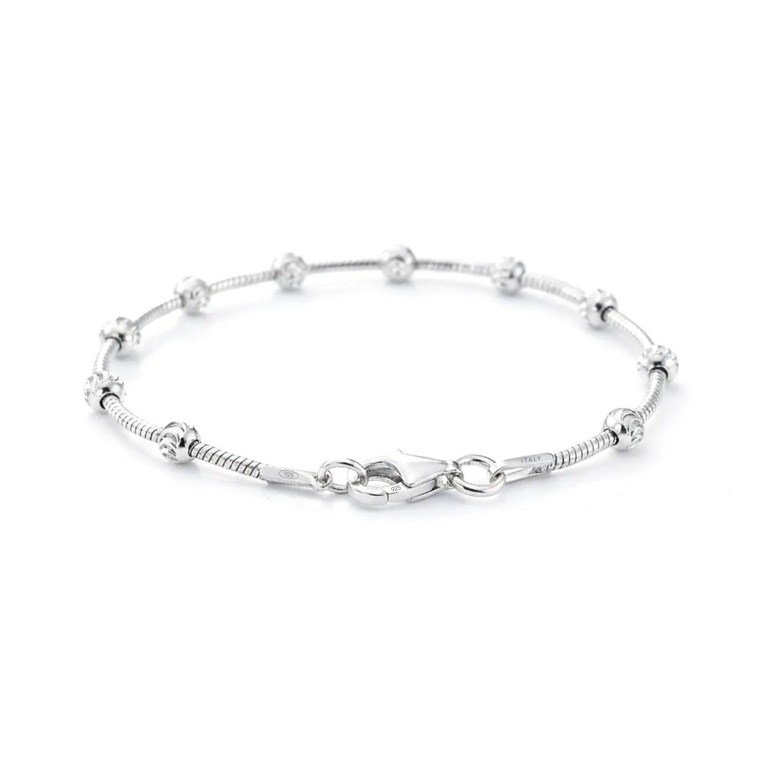 Illuminate Your Style with a 925 Sterling Silver Diamond Cut Moon Beaded Ball Station Bracelet - Italian Craftsmanship, 7-7.5 Inch.