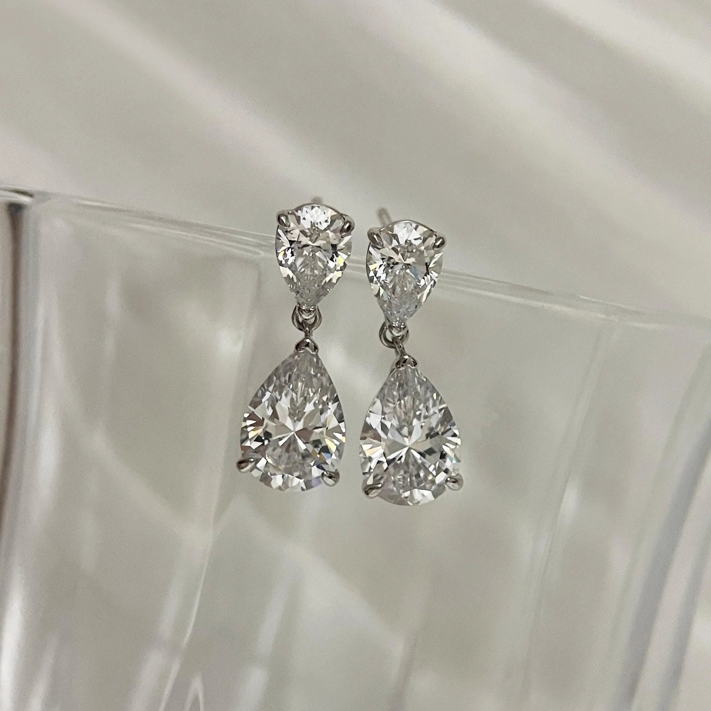 Sterling Silver CZ Teardrop Earrings: Double Drop Dangle Bridal Jewelry