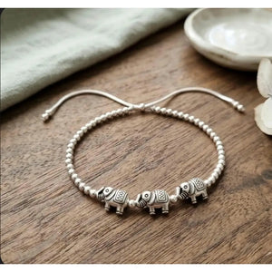 Charming Adjustable Lucky Elephant Bracelet & Anklet - Stylish Silver Bead Jewelry for Women & Girls.