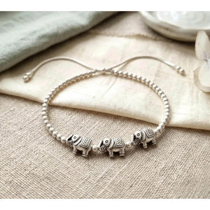 Charming Adjustable Lucky Elephant Bracelet & Anklet - Stylish Silver Bead Jewelry for Women & Girls.