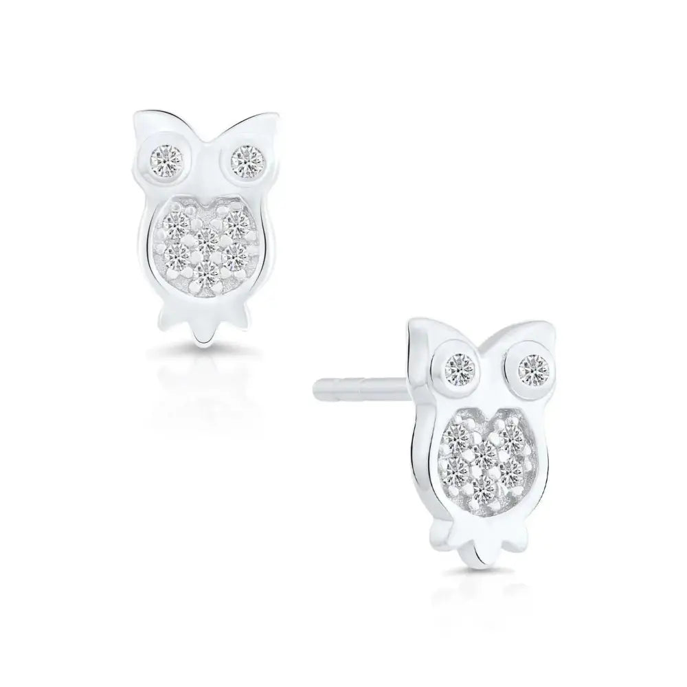 Charming CZ Owl Stud Earrings in Premium Sterling Silver.