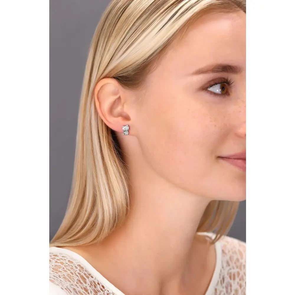 Charming Sterling Silver Little Kitty Stud Earrings with CZ Accents.