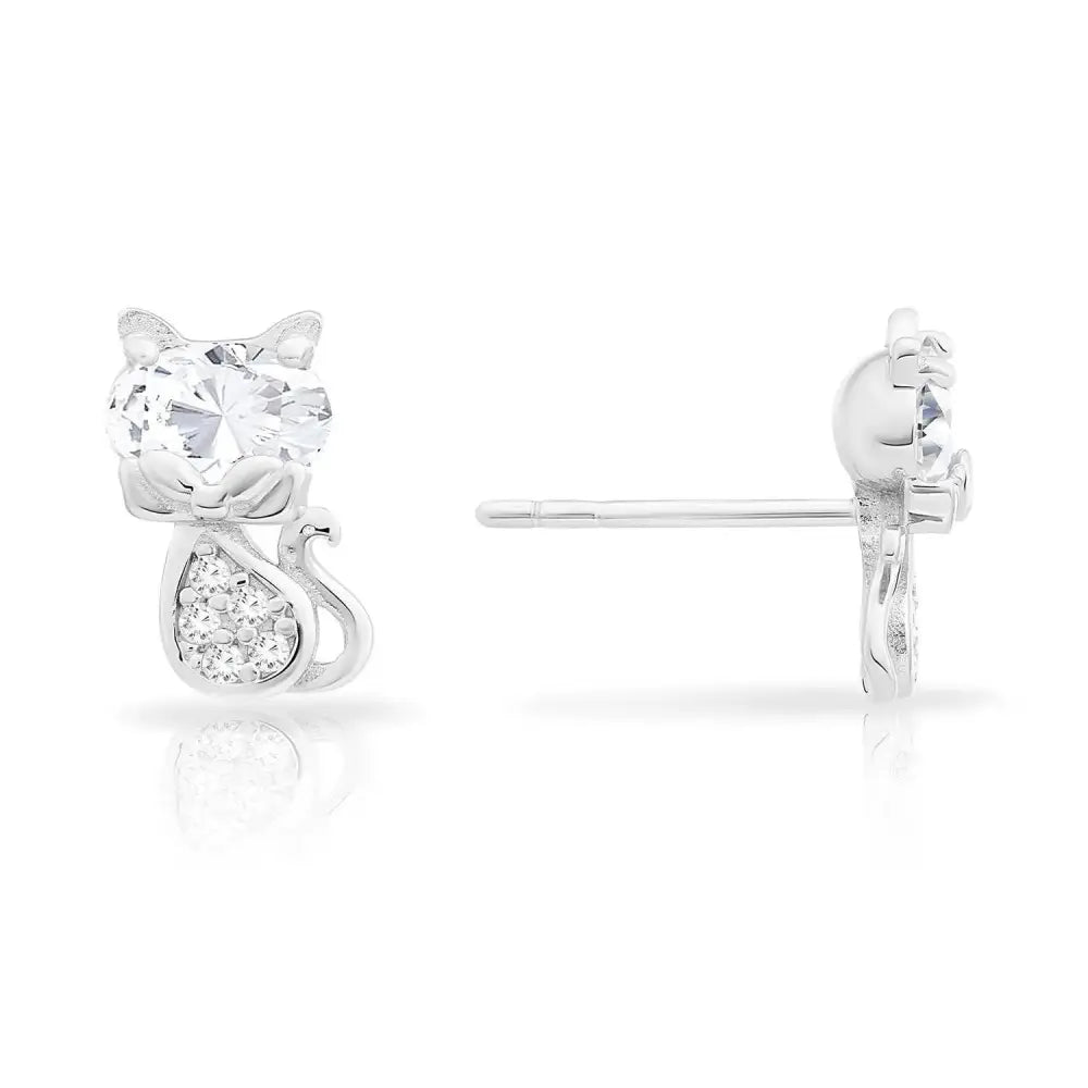 Charming Sterling Silver Little Kitty Stud Earrings with CZ Accents.