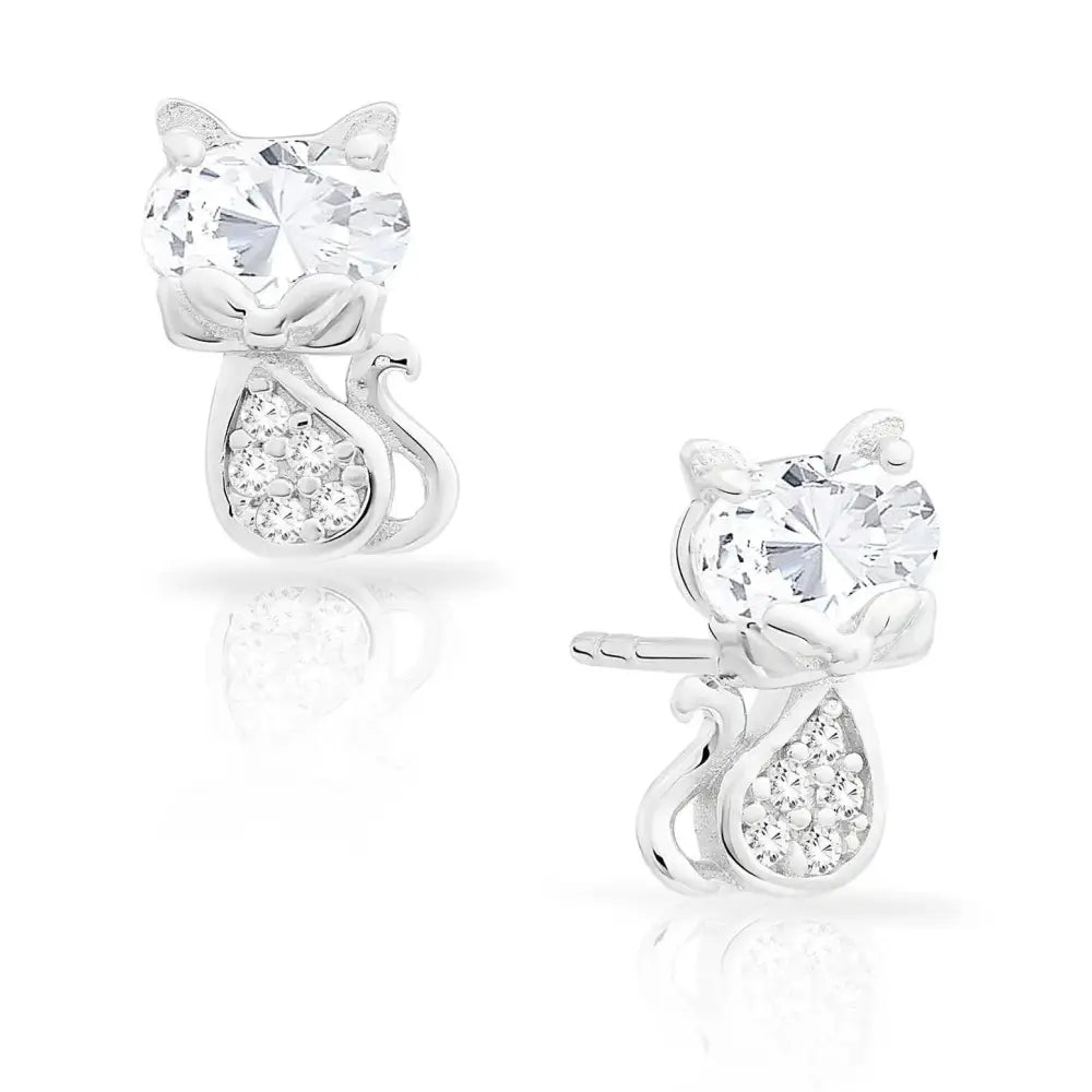 Charming Sterling Silver Little Kitty Stud Earrings with CZ Accents.