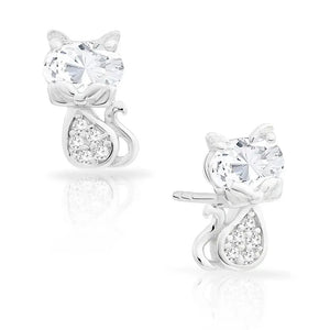 Charming Sterling Silver Little Kitty Stud Earrings with CZ Accents.