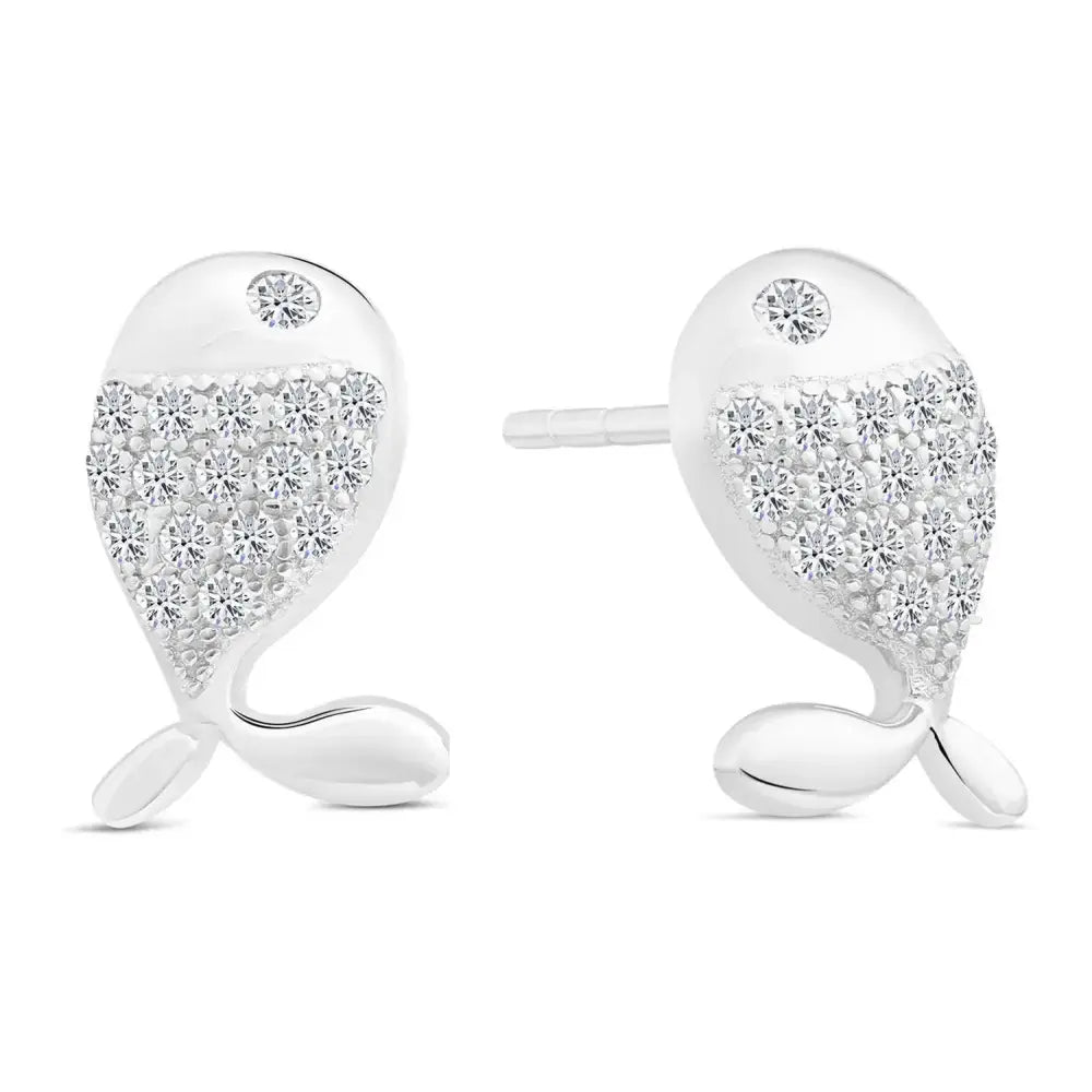 Charming Sterling Silver Whale CZ Fish Stud Earrings.