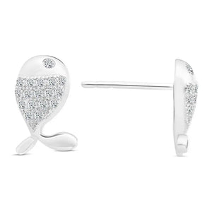 Charming Sterling Silver Whale CZ Fish Stud Earrings.
