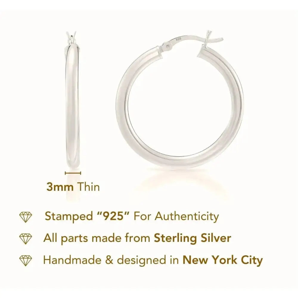 Classic 925 Sterling Silver Chunky Polished Hoop Earrings - 3mm Thin Shiny Elegance