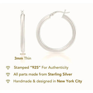 Classic 925 Sterling Silver Chunky Polished Hoop Earrings - 3mm Thin Shiny Elegance