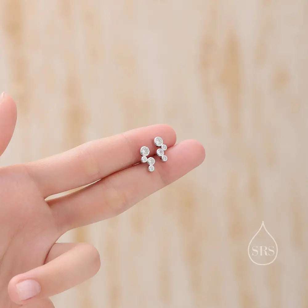 Clear CZ Bubble Cluster Stud Earrings in Sterling Silver, Silver or Gold, Bezel CZ Cluster Earrings, CZ Wing Earrings, Mini Crawler