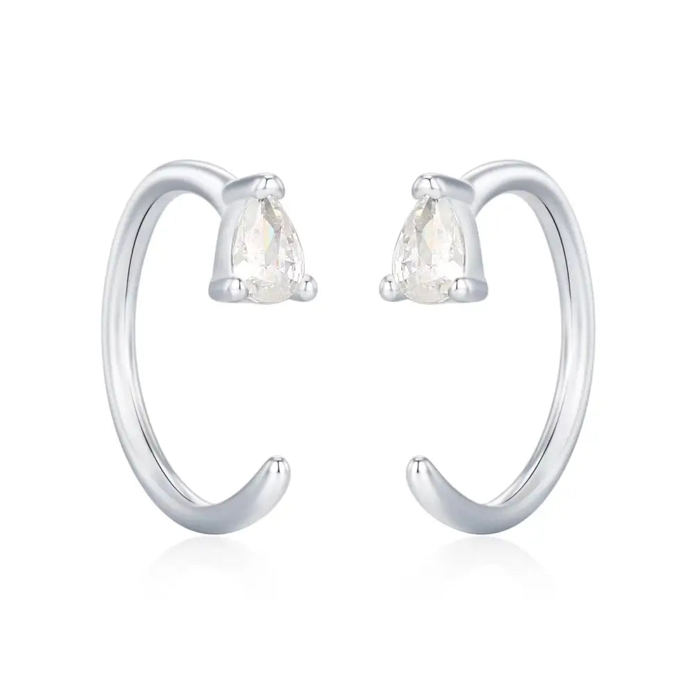Clear CZ Droplet Huggie Hoop Earrings in Sterling Silver, Tiny Pear Cut CZ Open Hoops, Pull through Threaders, Half Hoops