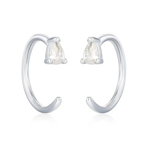 Clear CZ Droplet Huggie Hoop Earrings in Sterling Silver, Tiny Pear Cut CZ Open Hoops, Pull through Threaders, Half Hoops