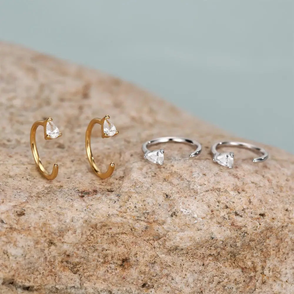 Clear CZ Droplet Huggie Hoop Earrings in Sterling Silver, Tiny Pear Cut CZ Open Hoops, Pull through Threaders, Half Hoops