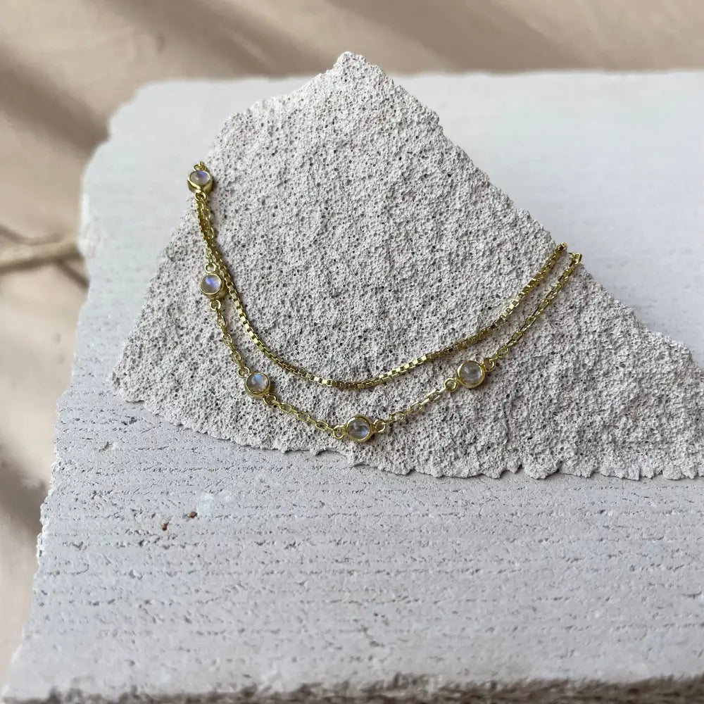 Cleo 14K Gold Moonstone Anklet, Fine Dainty Double Chained Anklet, June Birthstone, Boho Dainty Cute Two Layers Gold Anklet, Gift for Her