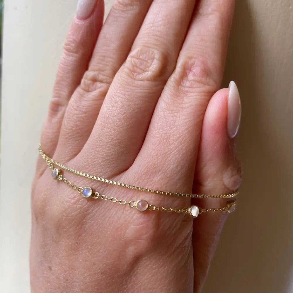 Cleo 14K Gold Moonstone Anklet, Fine Dainty Double Chained Anklet, June Birthstone, Boho Dainty Cute Two Layers Gold Anklet, Gift for Her