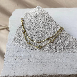 Cleo 14K Gold Moonstone Anklet, Fine Dainty Double Chained Anklet, June Birthstone, Boho Dainty Cute Two Layers Gold Anklet, Gift for Her