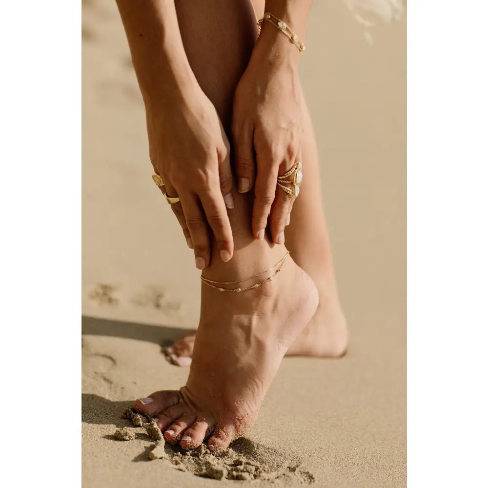 Cleo 14K Gold Moonstone Anklet, Fine Dainty Double Chained Anklet, June Birthstone, Boho Dainty Cute Two Layers Gold Anklet, Gift for Her
