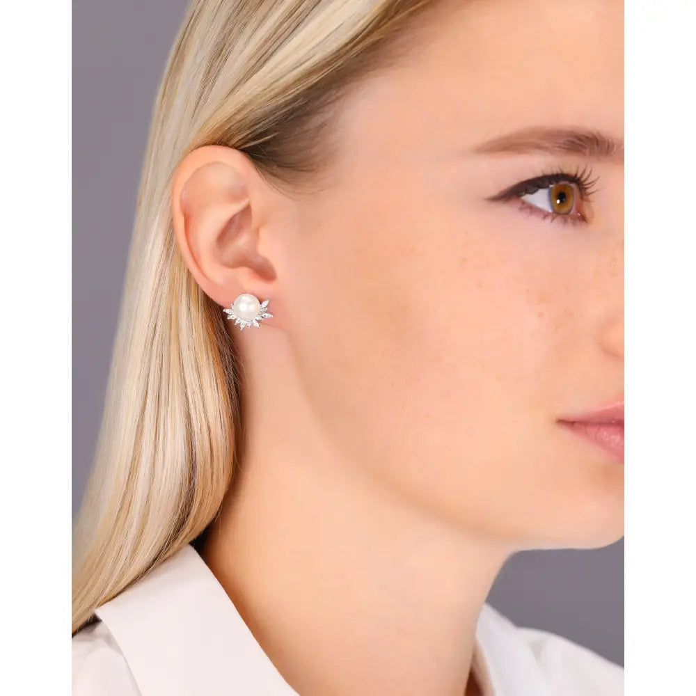 CZ Big Pearl Flower Stud Earrings in Sterling Silver