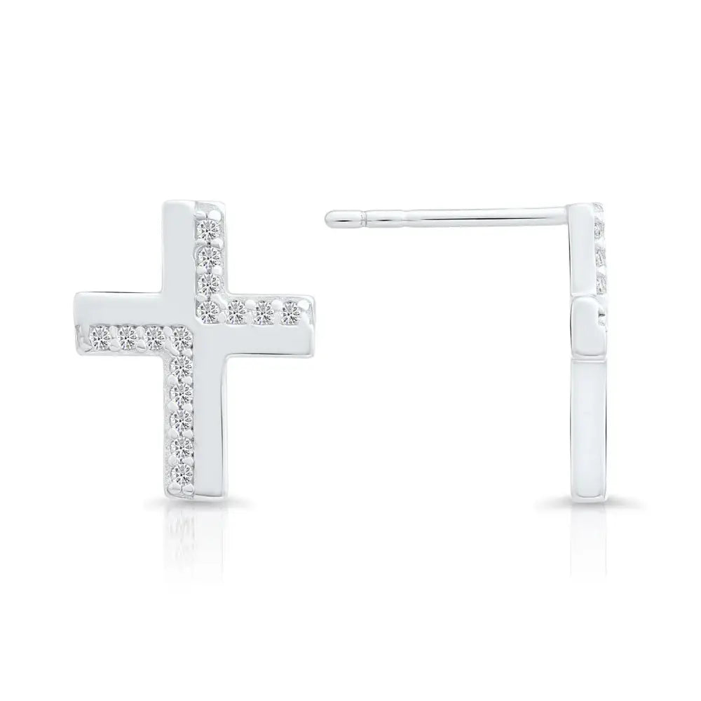 CZ Cross Stud Earrings in Sterling Silver