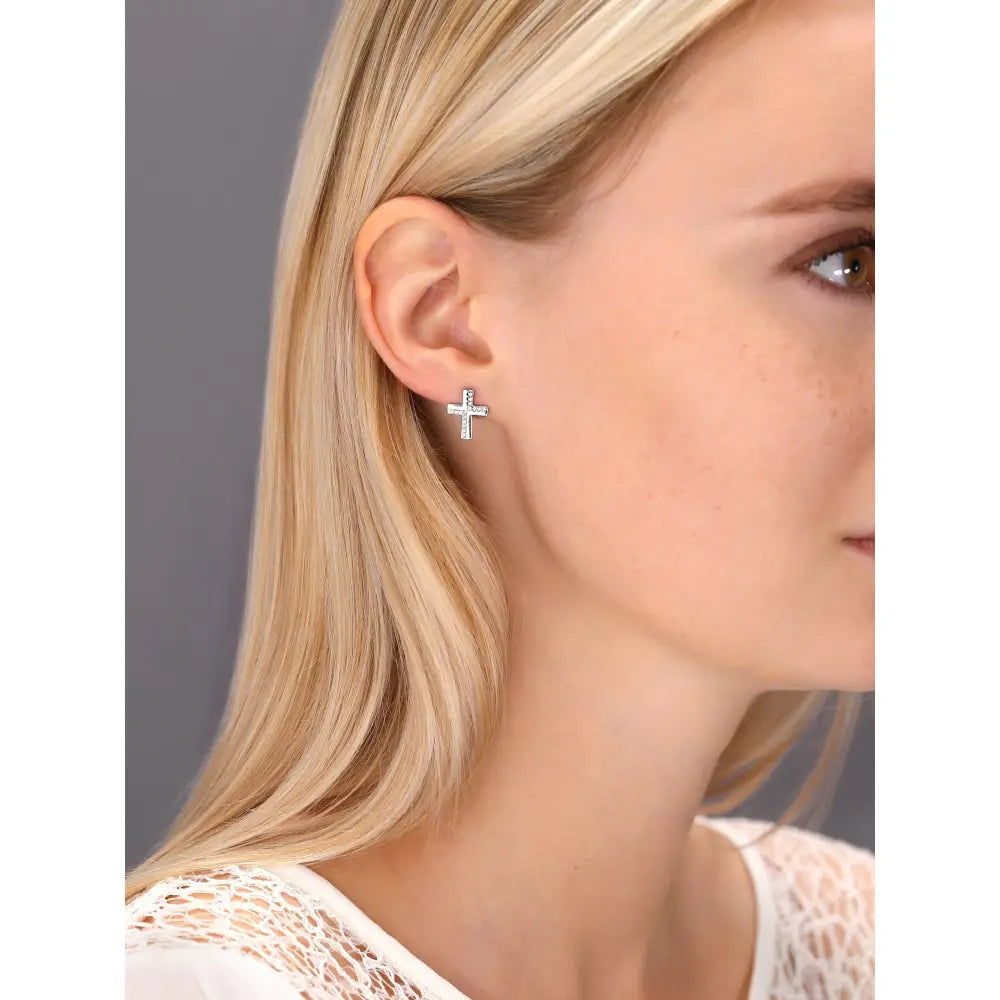 CZ Cross Stud Earrings in Sterling Silver