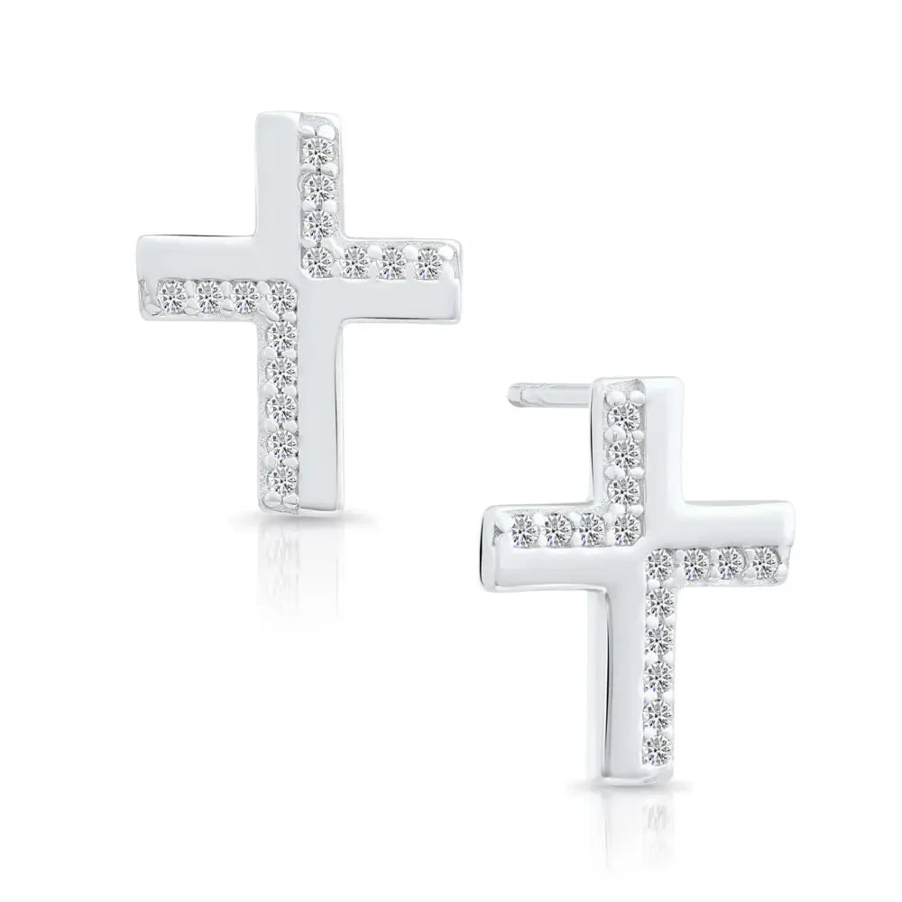 CZ Cross Stud Earrings in Sterling Silver