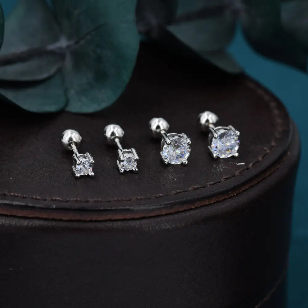 CZ Crystal Screw Back Earrings in Sterling Silver, Available in 3Mm 4Mm 5Mm 6Mm, Brilliant Cut CZ Earrings, Four Prong, Silver or Gold