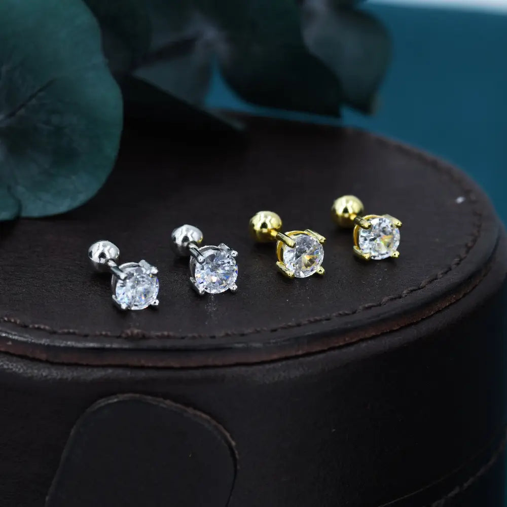 CZ Crystal Screw Back Earrings in Sterling Silver, Available in 3Mm 4Mm 5Mm 6Mm, Brilliant Cut CZ Earrings, Four Prong, Silver or Gold
