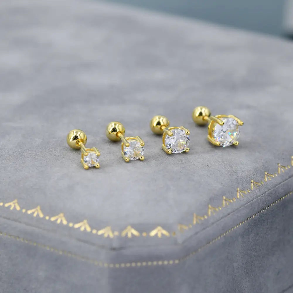 CZ Crystal Screw Back Earrings in Sterling Silver, Available in 3Mm 4Mm 5Mm 6Mm, Brilliant Cut CZ Earrings, Four Prong, Silver or Gold