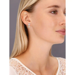 CZ Daisy Flower Stud Earrings, Two Leaf in Sterling Silver