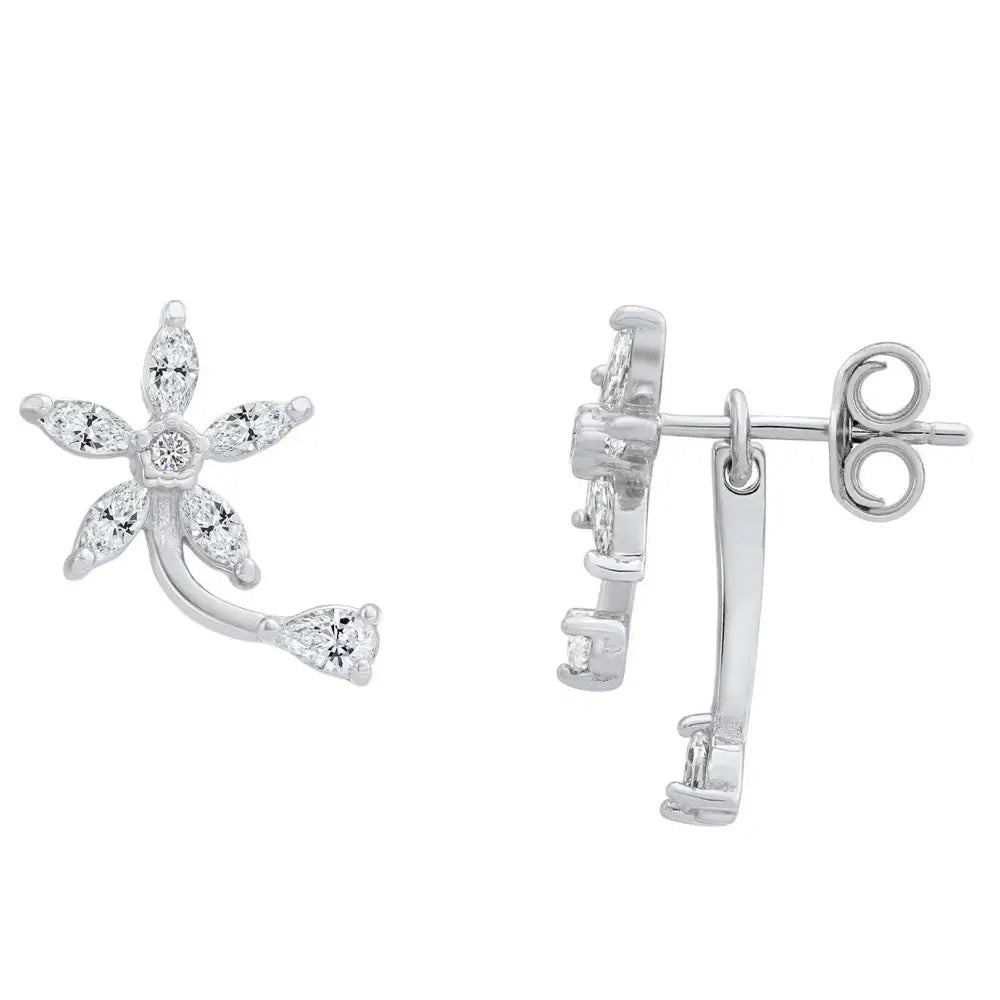 CZ Daisy Flower Stud Earrings, Two Leaf in Sterling Silver