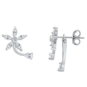 CZ Daisy Flower Stud Earrings, Two Leaf in Sterling Silver