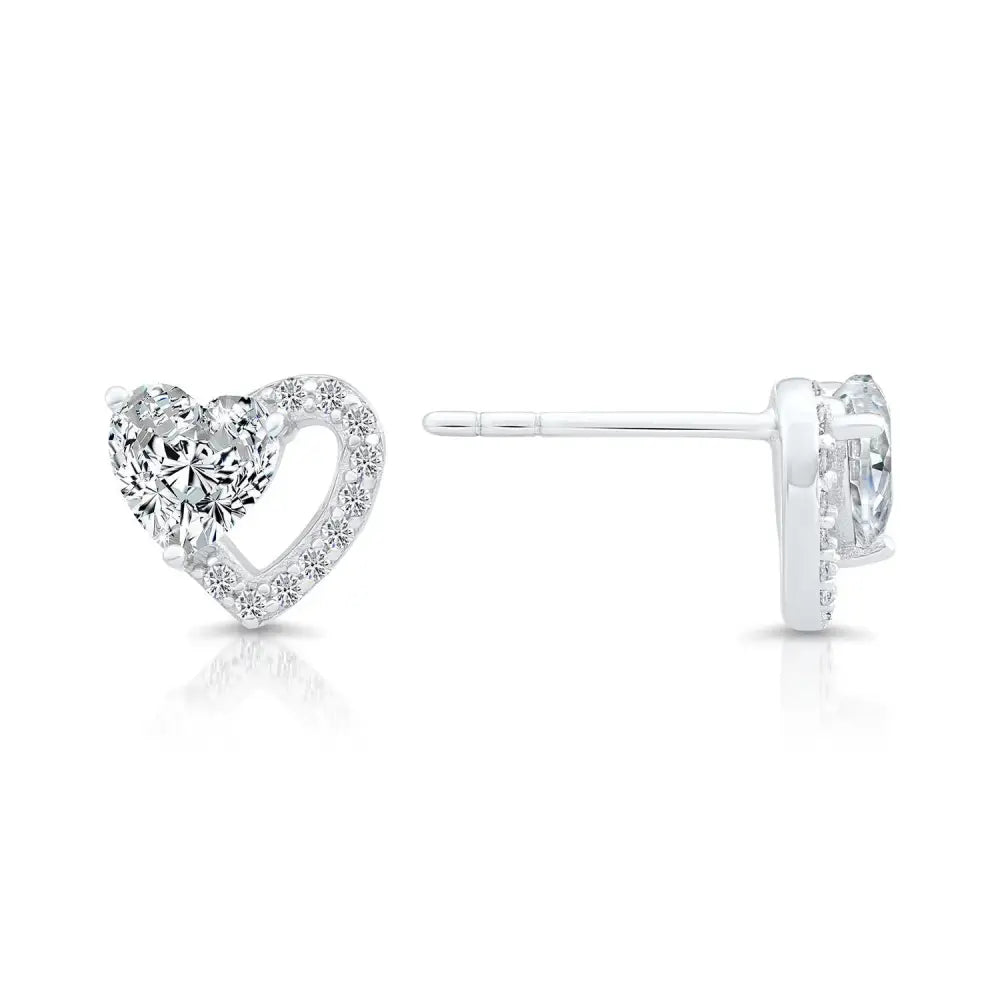 CZ Double Heart Stud Earrings in Sterling Silver