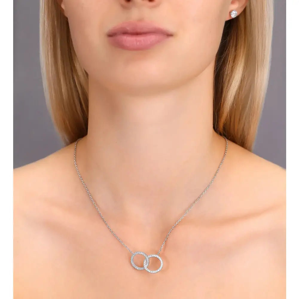 CZ Double Ring Necklace in Sterling Silver – Elegant Sparkling Love Pendant for Her, Perfect Gift for Anniversaries & Everyday Glamour.