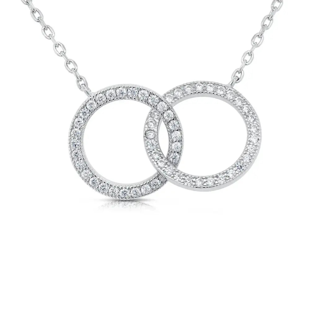 CZ Double Ring Necklace in Sterling Silver – Elegant Sparkling Love Pendant for Her, Perfect Gift for Anniversaries & Everyday Glamour.