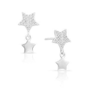 CZ Double Star Dangle Stud Earrings in Sterling Silver