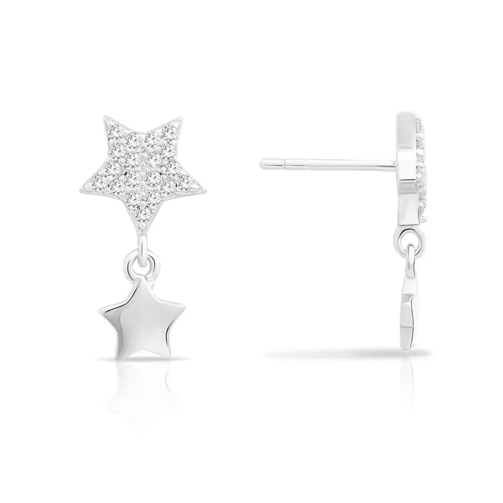 CZ Double Star Dangle Stud Earrings in Sterling Silver