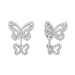 CZ Ear Jacket Double Butterfly Stud Earrings in Sterling Silver