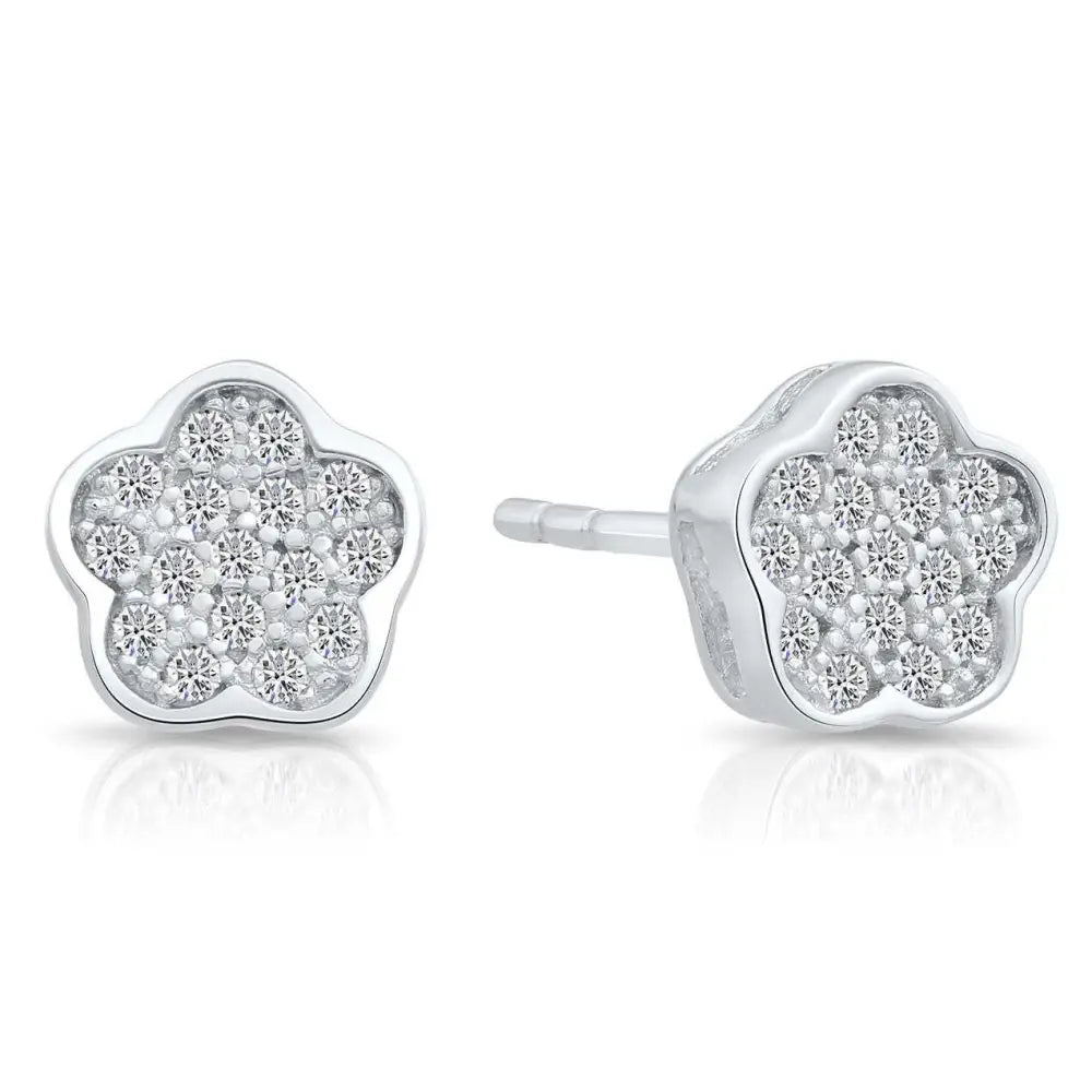 CZ Flower Stud Earrings in Sterling Silver