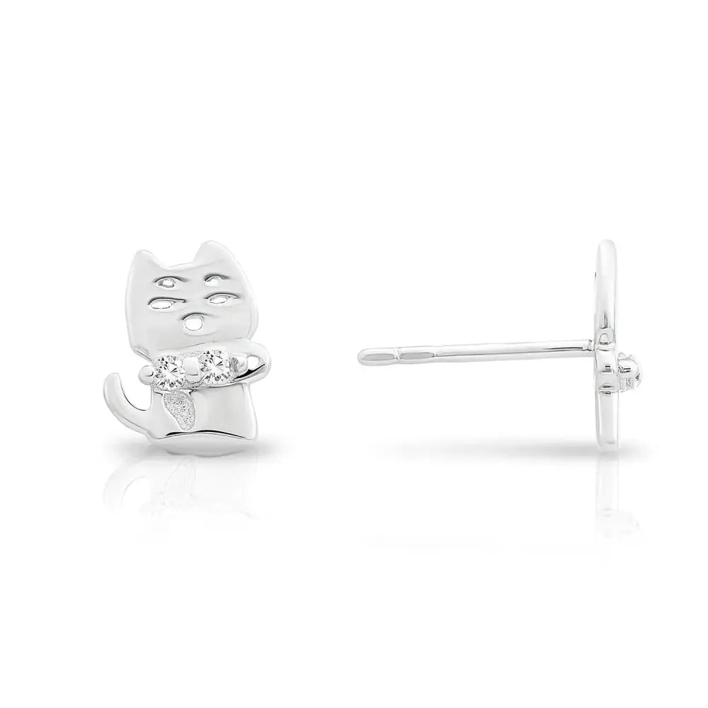 CZ Grumpy Cat Stud Earrings in Sterling Silver