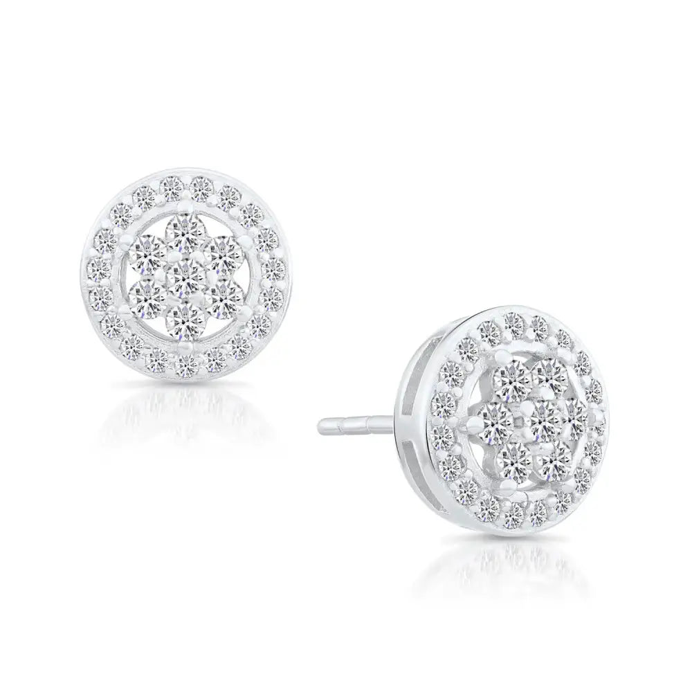 CZ Halo Flower Stud Earrings, 1974 in Sterling Silver