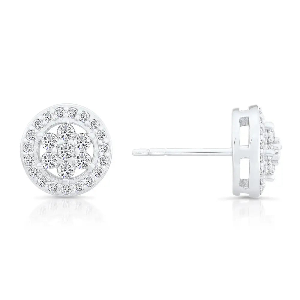 CZ Halo Flower Stud Earrings, 1974 in Sterling Silver
