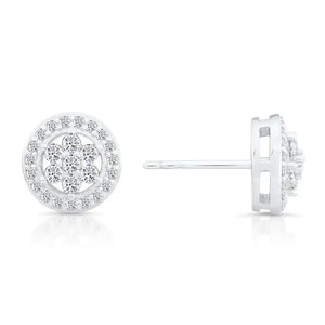 CZ Halo Flower Stud Earrings, 1974 in Sterling Silver