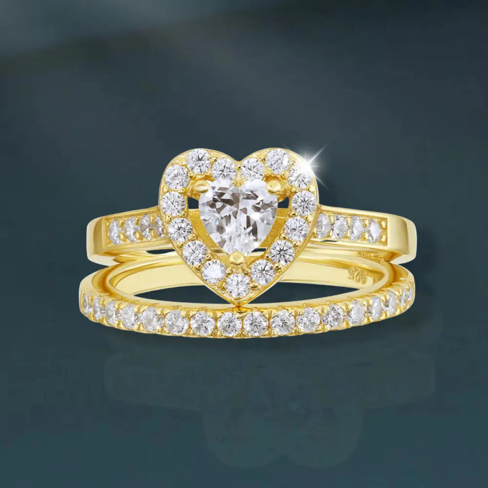 CZ Heart Engagement Ring Set, Gold Plated in Sterling Silver
