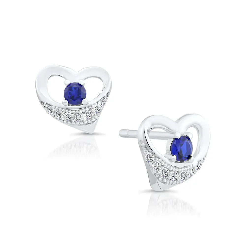 CZ Heart Stud Earrings with Blue Stone in Sterling Silver