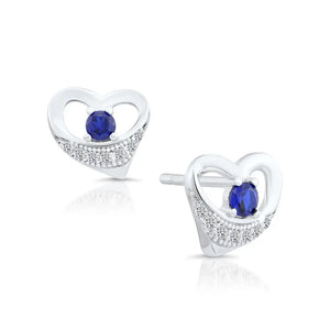 CZ Heart Stud Earrings with Blue Stone in Sterling Silver