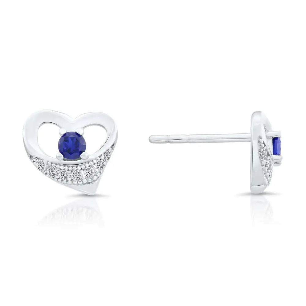 CZ Heart Stud Earrings with Blue Stone in Sterling Silver