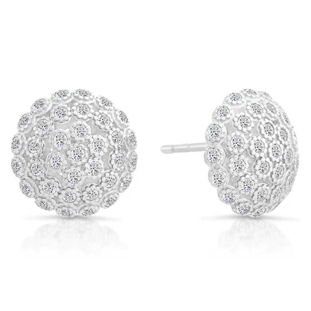 CZ Large Flower round Stud Earrings in Sterling Silver
