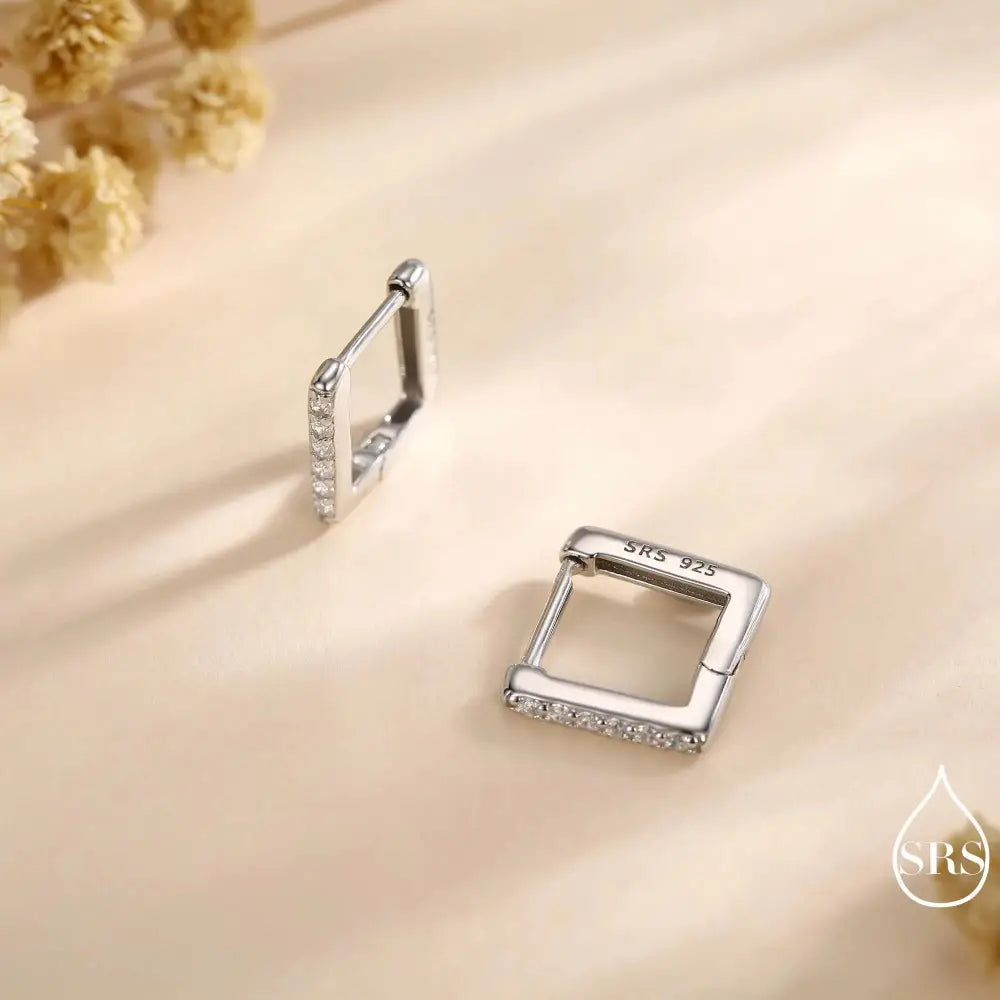 CZ Pave Square Huggie Hoop in Sterling Silver, Skinny Geometric Hoop Earrings, Gold or Silver Finish, 8Mm Minimalist Hoops