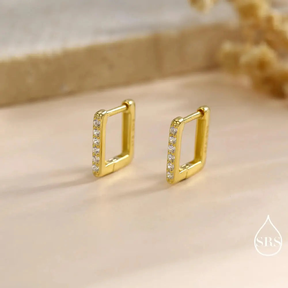 CZ Pave Square Huggie Hoop in Sterling Silver, Skinny Geometric Hoop Earrings, Gold or Silver Finish, 8Mm Minimalist Hoops
