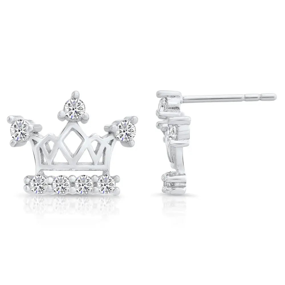CZ Royal Queen Crown Stud Earrings in Sterling Silver